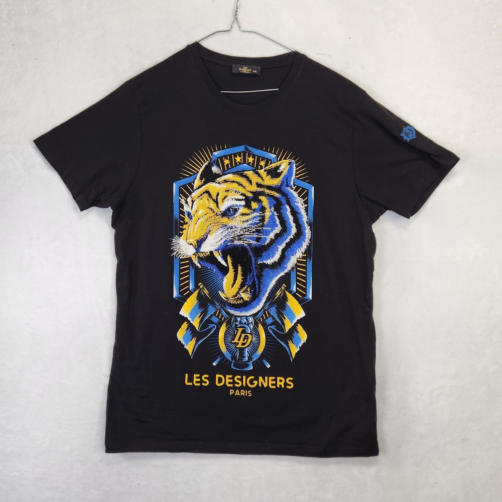 Les Designers Paris Couture Black Tiger Rhinestone Graphic T-Shirt Mens XXL